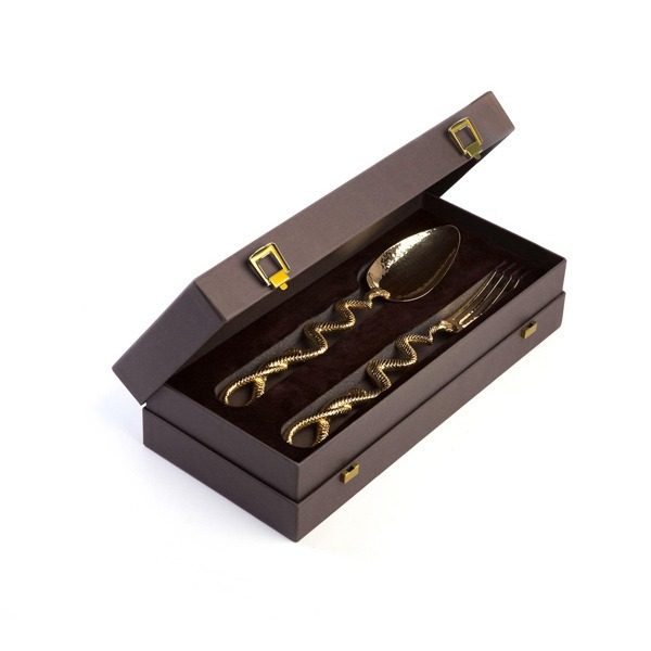 Image of Roberto Cavalli Python Silver Gold Plated Serving Spoon and Fork